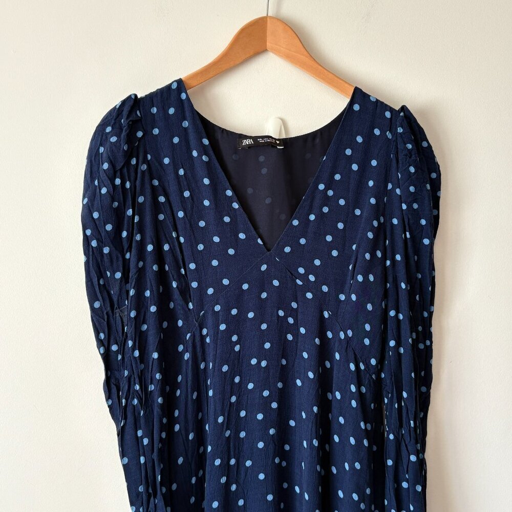Zara Puff Shoulder Polka Dot Midi Maxi Dress Blue Size Large - Picture 7 of 10